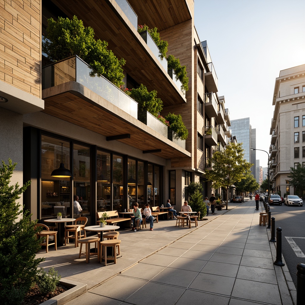 Prompt: Vibrant coffee shop facade, urban cityscape, bustling streets, morning sunlight, warm beige tones, wooden accents, large glass windows, minimalist metal frames, modern industrial design, reclaimed wood textures, living green walls, vertical gardens, eco-friendly materials, energy-efficient systems, cozy outdoor seating, warm pendant lighting, shallow depth of field, 1/1 composition, realistic renderings, ambient occlusion.