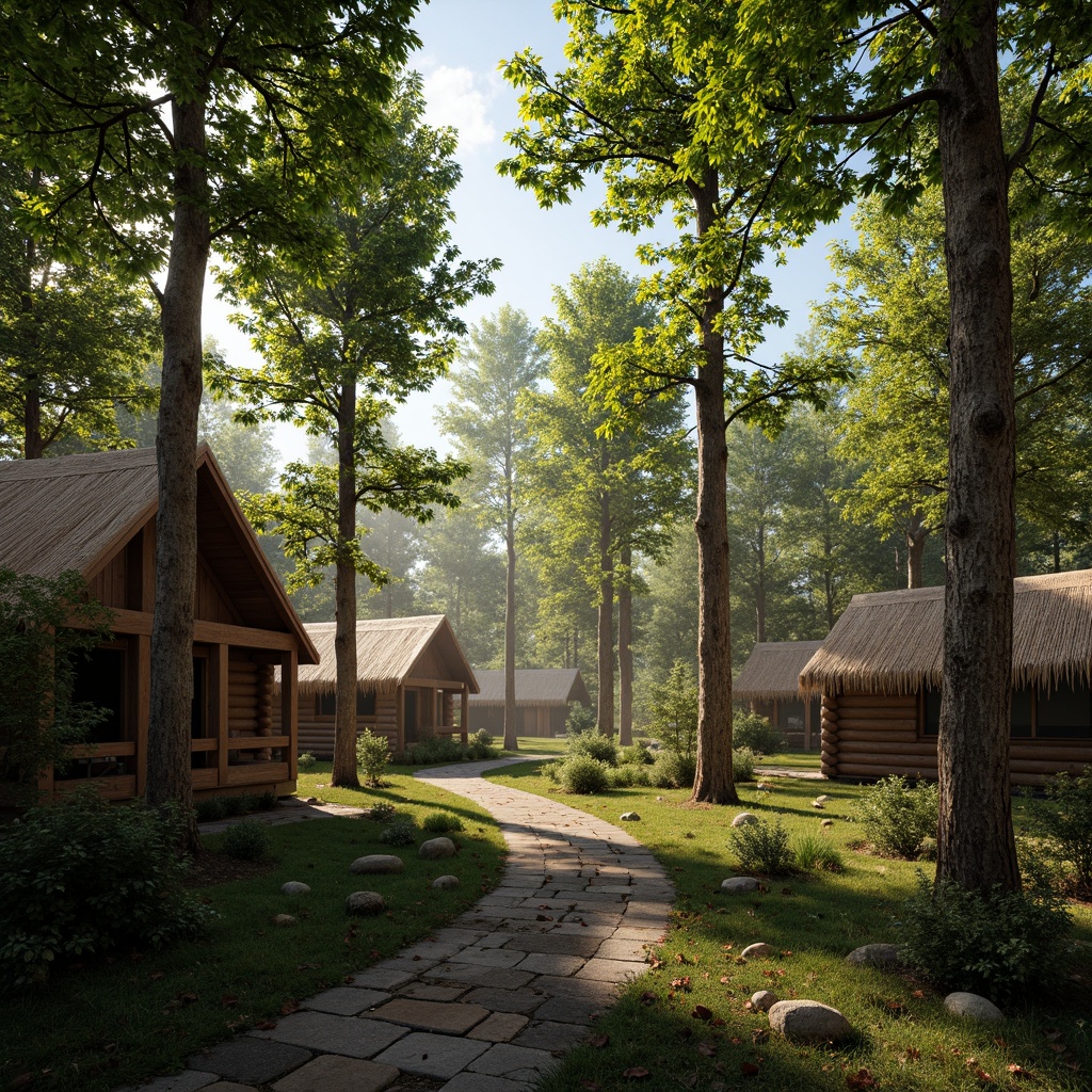 Prompt: Peaceful forest surroundings, towering trees, lush green foliage, natural stone pathways, wooden cabins, rustic architecture, earthy tones, warm sunlight filtering through leaves, misty morning atmosphere, soft focus, shallow depth of field, 1/1 composition, realistic textures, ambient occlusion, subtle animations.