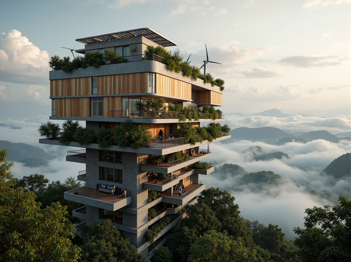 Prompt: Eco-friendly watching tower, reclaimed wood accents, living green walls, solar panels, wind turbines, recycled metal beams, natural stone foundations, earthy color palette, organic textures, minimalist design, cantilevered observation decks, panoramic views, dramatic cloud formations, soft warm lighting, 1/1 composition, atmospheric perspective, cinematic mood.