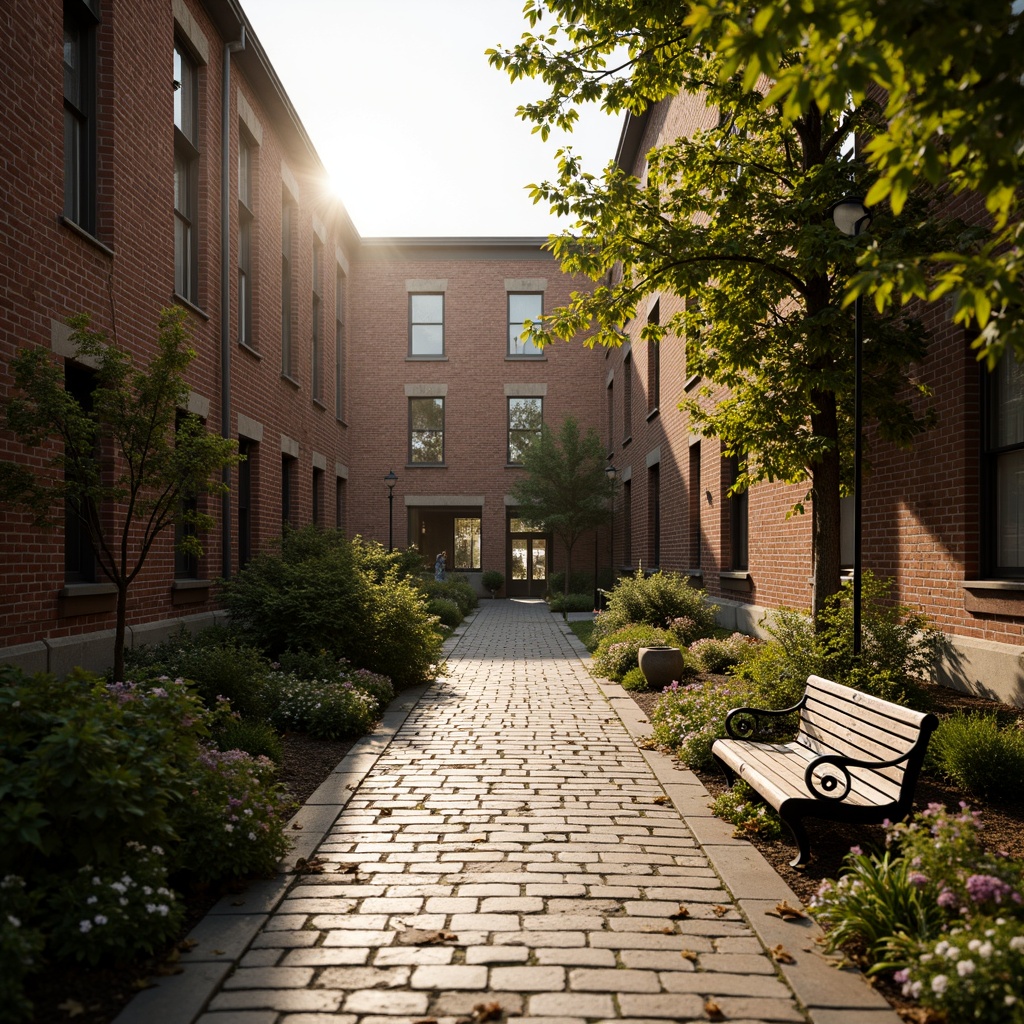 Prompt: Rustic brick buildings, worn stone pathways, lush greenery, blooming flowers, vintage street lamps, wooden benches, distressed metal railings, ornate iron gates, nostalgic campus scenery, warm afternoon sunlight, soft golden lighting, shallow depth of field, 1/2 composition, intimate close-up shots, realistic textures, ambient occlusion.