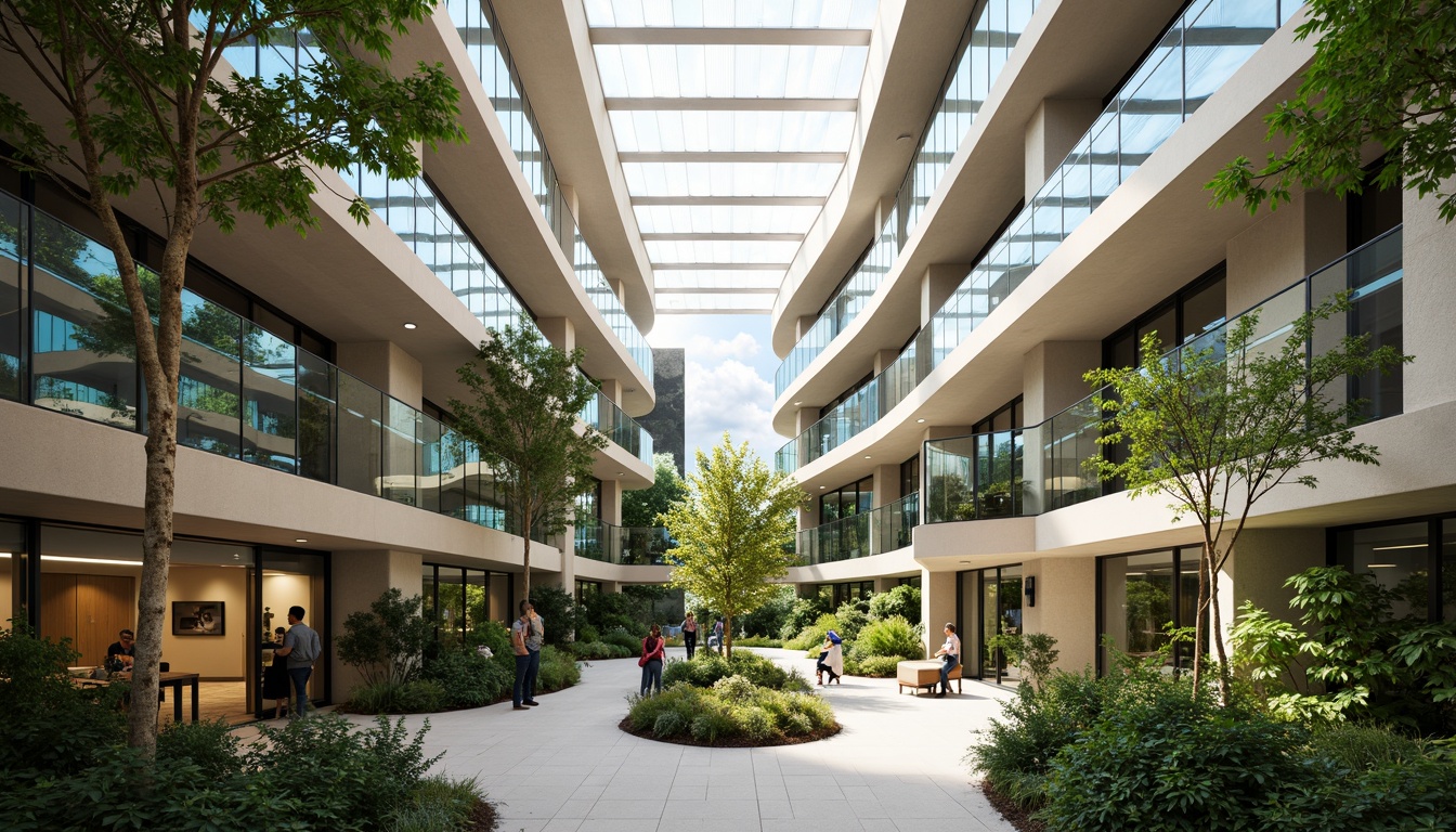 Prompt: Spacious atrium, abundant greenery, floor-to-ceiling windows, clerestory rooflights, skylights, reflective surfaces, minimal obstructions, open floor plans, curved lines, sustainable materials, energy-efficient systems, natural ventilation, solar shading devices, overhangs, cantilevers, exterior louvers, interior lightwells, soft diffused lighting, warm color palette, organic textures, 1/2 composition, shallow depth of field, realistic renderings.