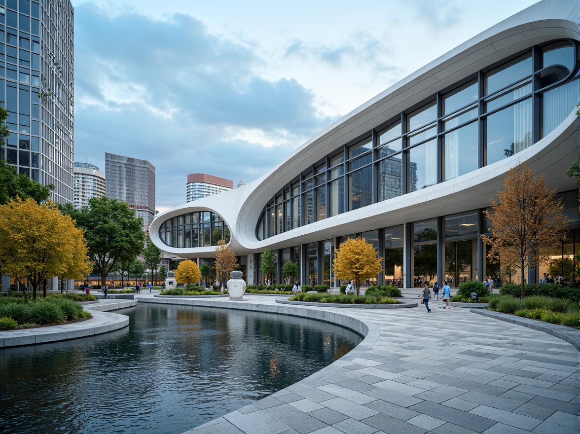 Prompt: Sleek museum building, modern streamline architecture, curved lines, minimalist design, large glass windows, metal frameworks, polished stone floors, vibrant greenery, abstract sculptures, winding water features, natural stone walkways, geometric-patterned pavement, urban cityscape, cloudy blue sky, soft diffused lighting, shallow depth of field, 1/1 composition, realistic textures, ambient occlusion.