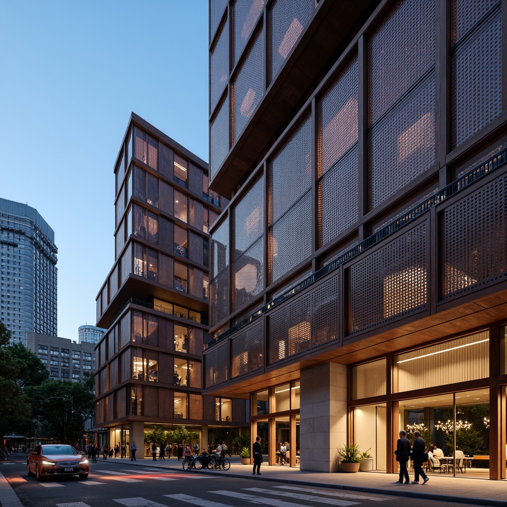 Prompt: Modern building facade, perforated metal panels, industrial aesthetic, urban landscape, city skyline, sleek lines, geometric patterns, natural light filtering, dappled shadows, weathered steel, corten steel, bronze accents, LED lighting, nighttime illumination, shallow depth of field, 2/3 composition, realistic reflections, ambient occlusion.