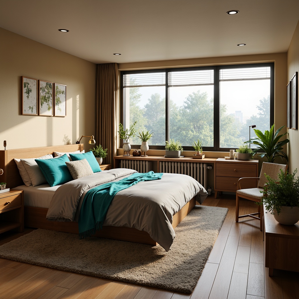 Prompt: Cozy dorm room, warm beige walls, soft grey bedding, vibrant turquoise accents, natural wood furniture, plush area rug, calming greenery, industrial metal decor, minimalist chic design, softbox lighting, shallow depth of field, 1/2 composition, intimate atmosphere, realistic textures, ambient occlusion.