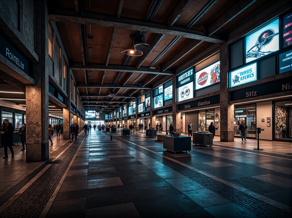 Prompt: Rugged train station, brutalist architecture, exposed concrete walls, industrial-style steel beams, geometric angular lines, bold urban landscape, vibrant neon signs, dynamic LED lights, futuristic digital displays, modern transportation hubs, high-ceilinged interior spaces, raw metal textures, distressed finishes, abstract graffiti murals, edgy urban atmosphere, dramatic shadows, low-key warm lighting, cinematic composition, realistic reflections.