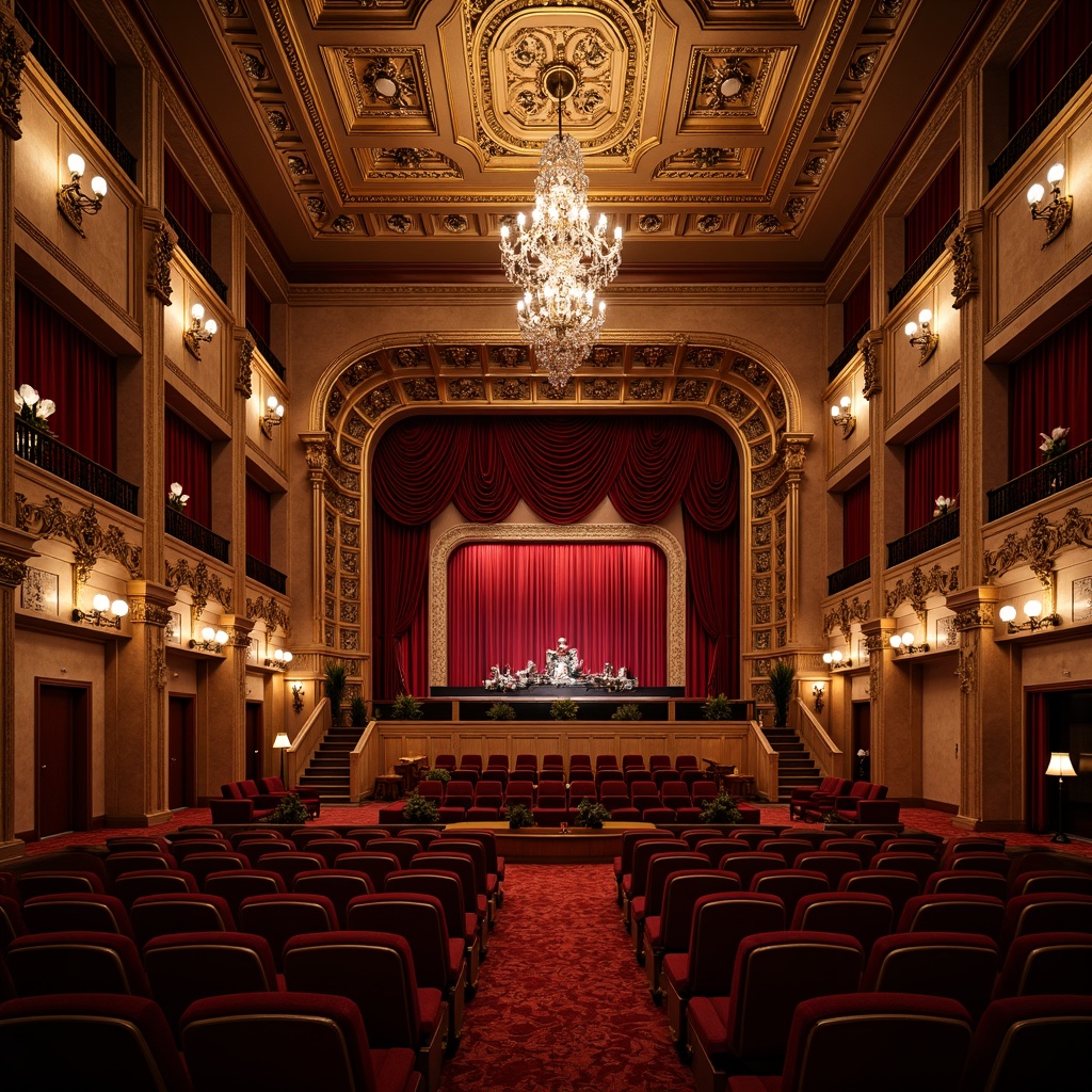 Prompt: Luxurious theater interior, opulent chandeliers, intricately carved wooden paneling, velvet drapes, golden accents, ornate plasterwork, grand staircase, majestic columns, red carpet, crystal sconces, subtle warm lighting, dramatic spotlights, 3-point composition, symmetrical layout, regal box seats, luxurious upholstery, rich textiles, refined architectural details, elegant curves, lavish decorations, sophisticated ambiance, evening atmosphere, soft focus, shallow depth of field.