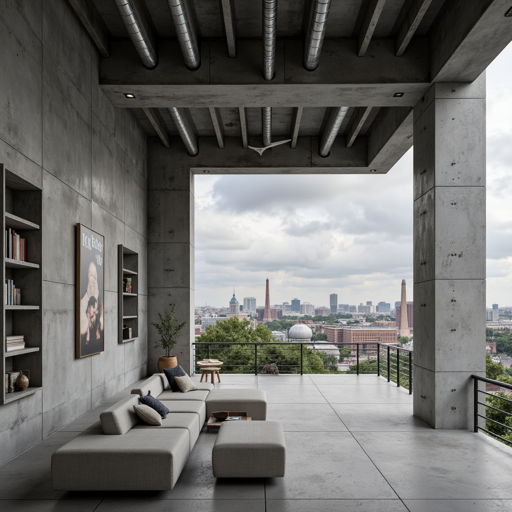 Prompt: Exposed concrete walls, steel beams, industrial pipes, minimalist decor, functional design, rectangular forms, clean lines, monochromatic color scheme, raw materials, brutalist aesthetic, urban landscape, cityscape background, cloudy sky, soft diffused lighting, shallow depth of field, 1/1 composition, realistic textures, ambient occlusion.