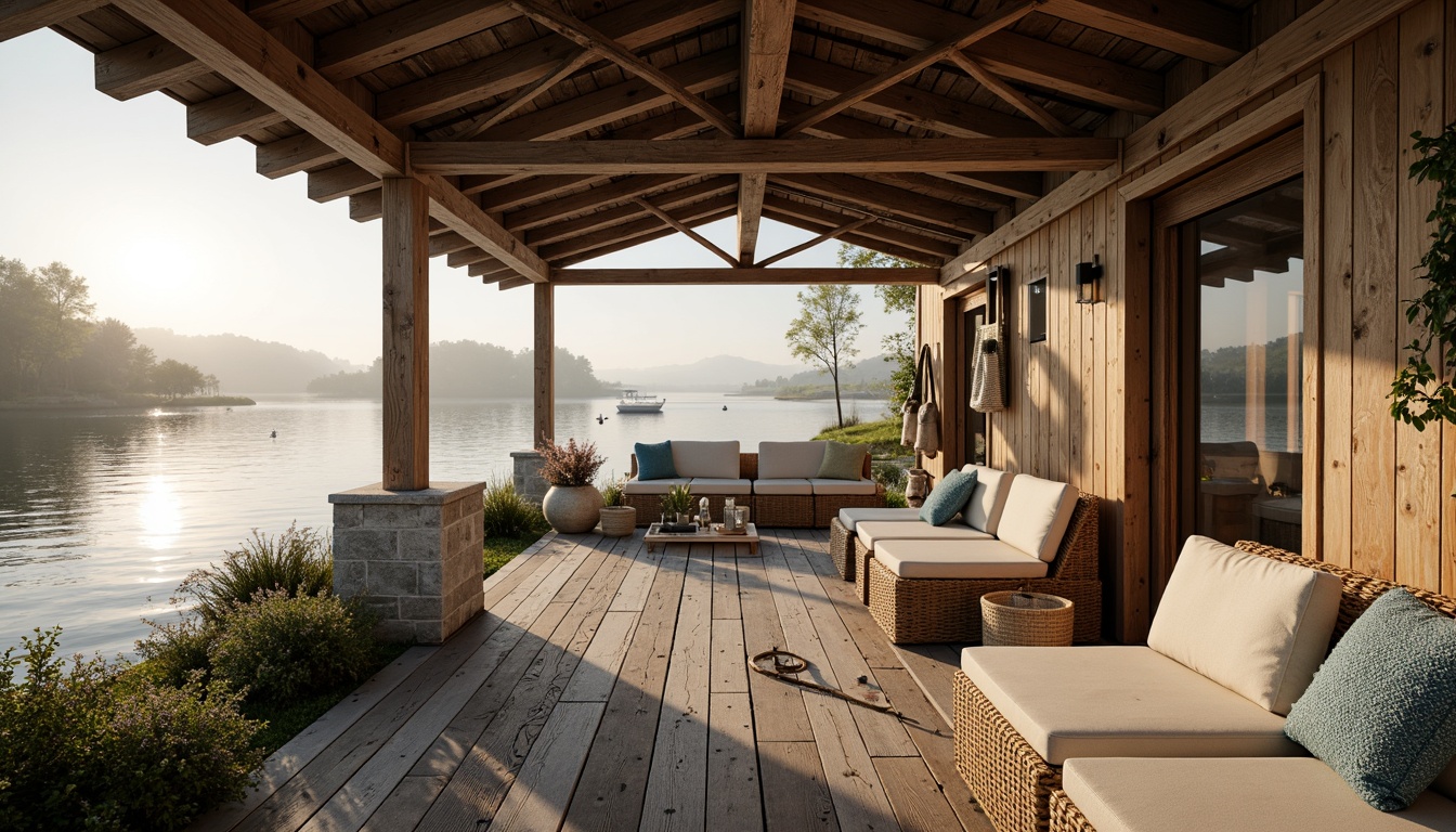 Prompt: Rustic boathouse, wooden dock, weathered planks, nautical ropes, vintage anchors, aquatic plants, serene lake views, misty morning, soft golden lighting, warm beige tones, earthy brown hues, sky blue accents, creamy whites, distressed wood textures, natural stone foundations, cozy interior nooks, plush cushions, woven wicker furniture, panoramic water views, symmetrical composition, realistic reflections, ambient occlusion.