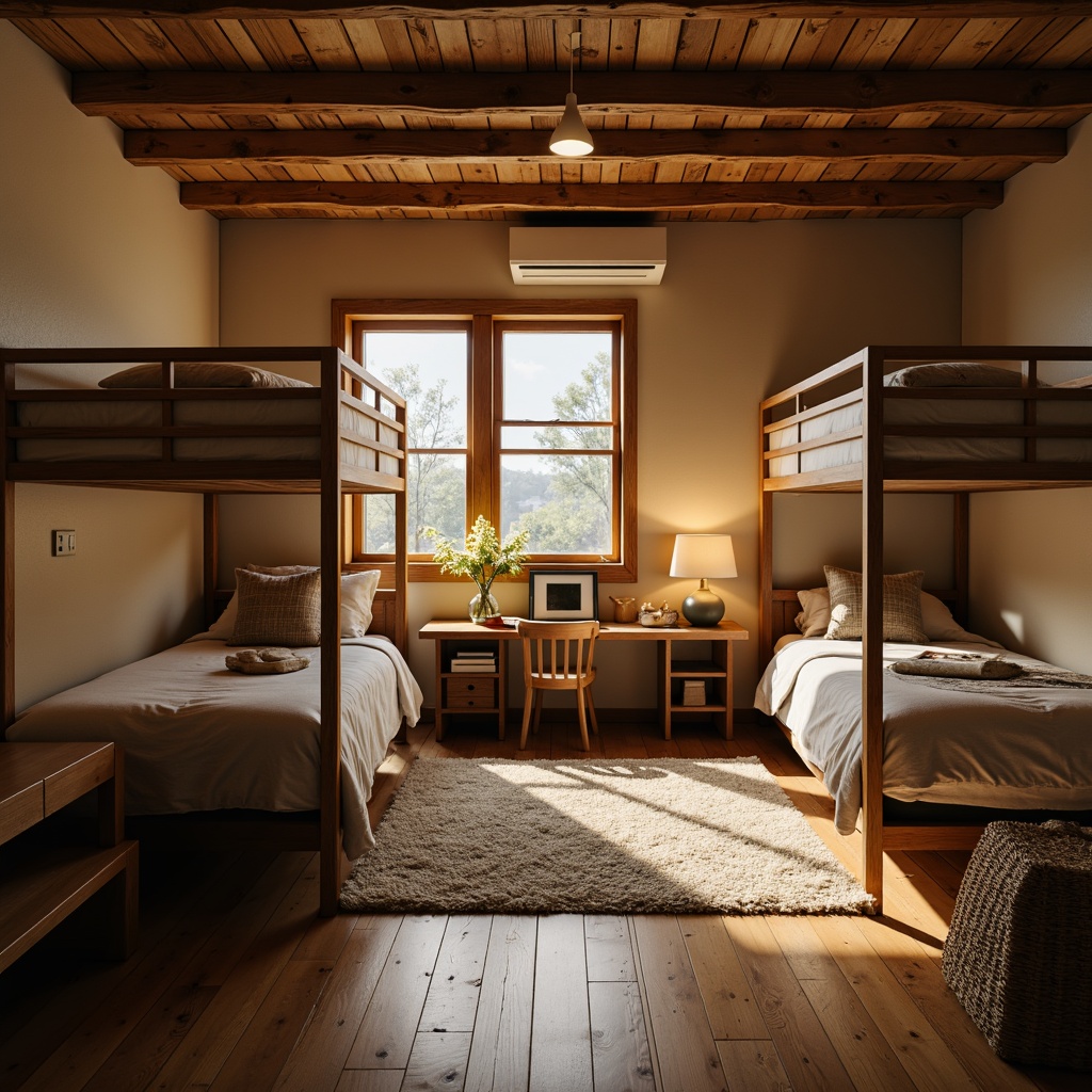 Prompt: Cozy dormitory interior, wooden floorboards, soft plush carpets, warm beige walls, comfortable bedding, rustic metal frames, minimalist desk lamps, natural wood accents, earthy tone color palette, softbox lighting, shallow depth of field, 1/2 composition, realistic textures, ambient occlusion.