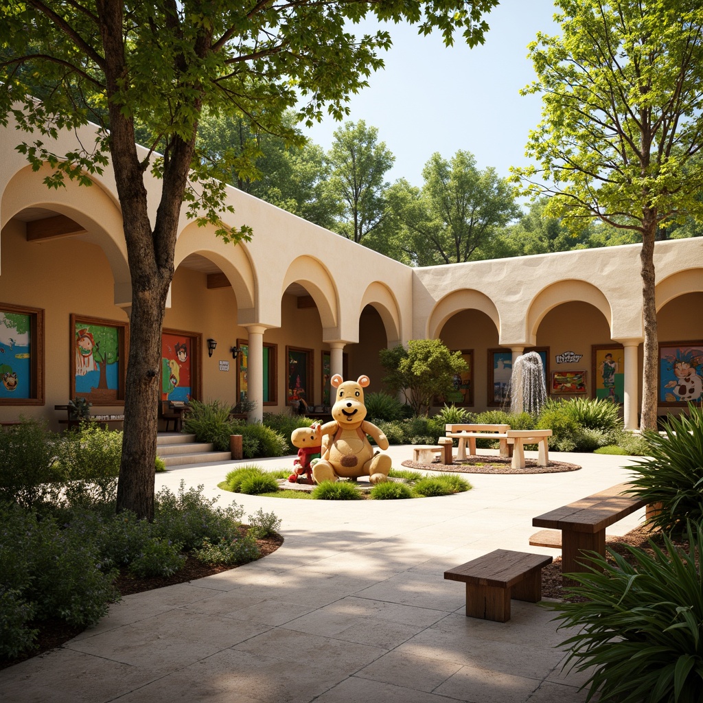 Prompt: Whimsical kindergarten playground, rounded arches, warm beige stone walls, vibrant colorful murals, playful fountain features, lush greenery, curly leaf vines, rustic wooden benches, soft natural lighting, shallow depth of field, 1/1 composition, panoramic view, realistic textures, ambient occlusion.