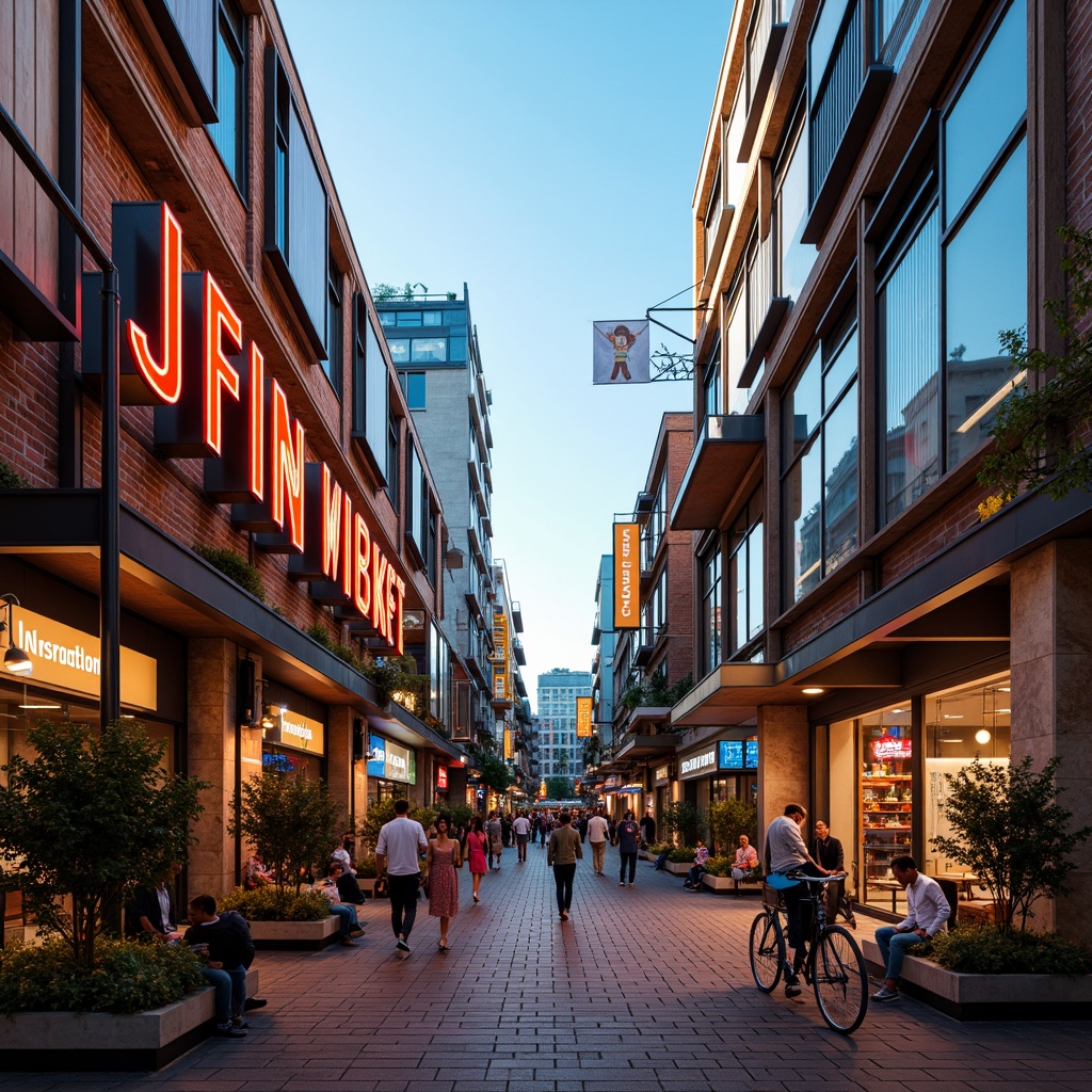 Prompt: Vibrant market scene, modernist architecture, bold color palette, bright neon signs, eclectic textures, metallic accents, industrial chic, reclaimed wood, polished concrete, sleek glass facades, dynamic angular lines, urban cityscape, bustling atmosphere, warm afternoon lighting, shallow depth of field, 1/2 composition, realistic render, ambient occlusion.