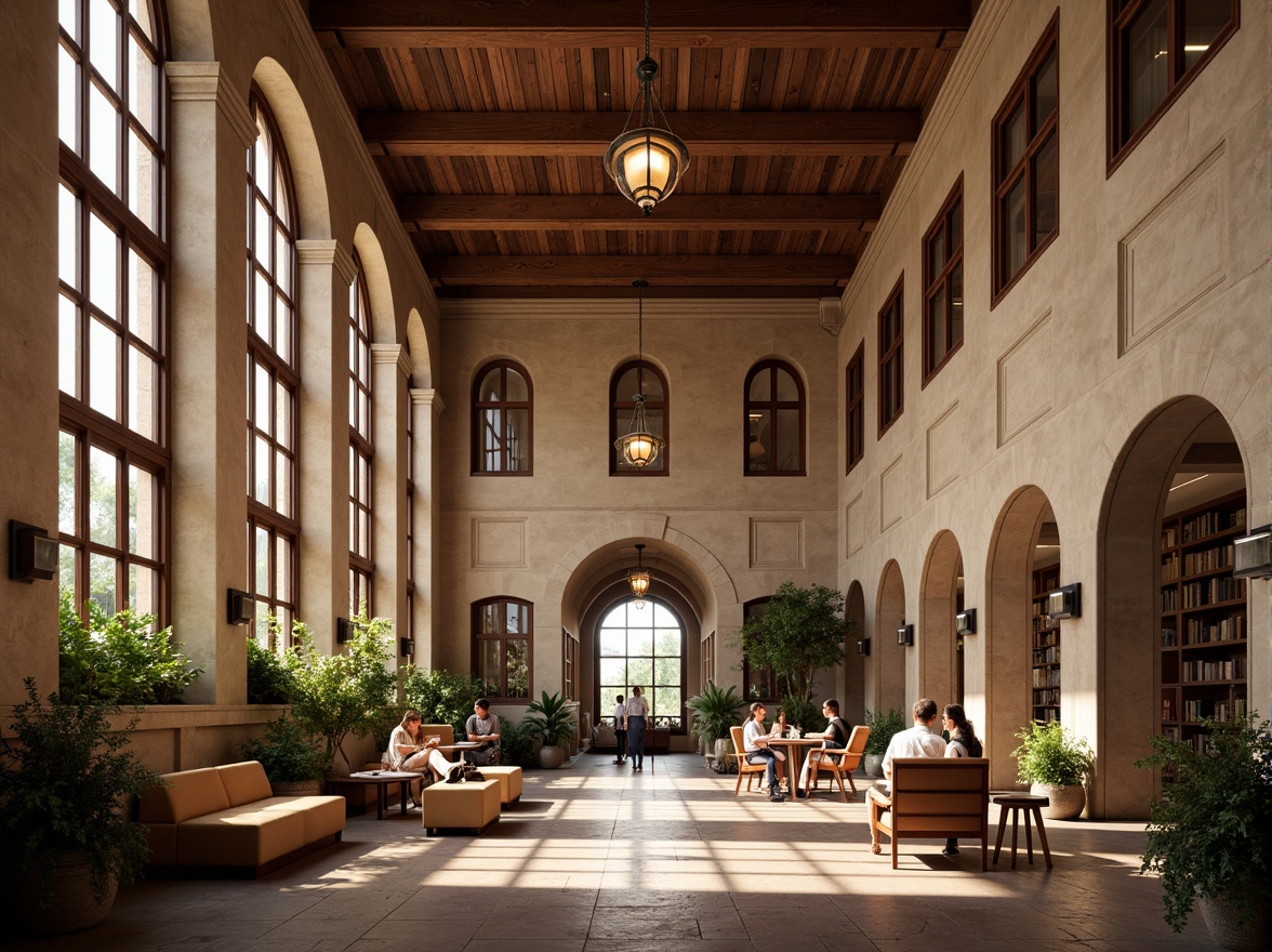 Prompt: Traditional university buildings, historic architectural styles, earthy tones, warm beige walls, rich wood accents, comforting libraries, vibrant student lounges, collaborative learning spaces, natural light, soft warm lighting, shallow depth of field, 3/4 composition, realistic textures, ambient occlusion.