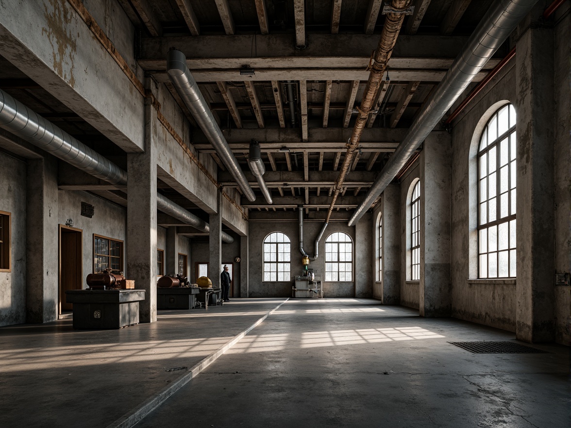 Prompt: Rustic industrial setting, galvanized steel structures, metallic sheen, urban decay, distressed textures, weathered finishes, brutalist architecture, concrete foundations, exposed ductwork, mechanical equipment, utilitarian aesthetic, functional design, neutral color palette, dramatic lighting, low-angle shot, cinematic composition, high-contrast ratio.