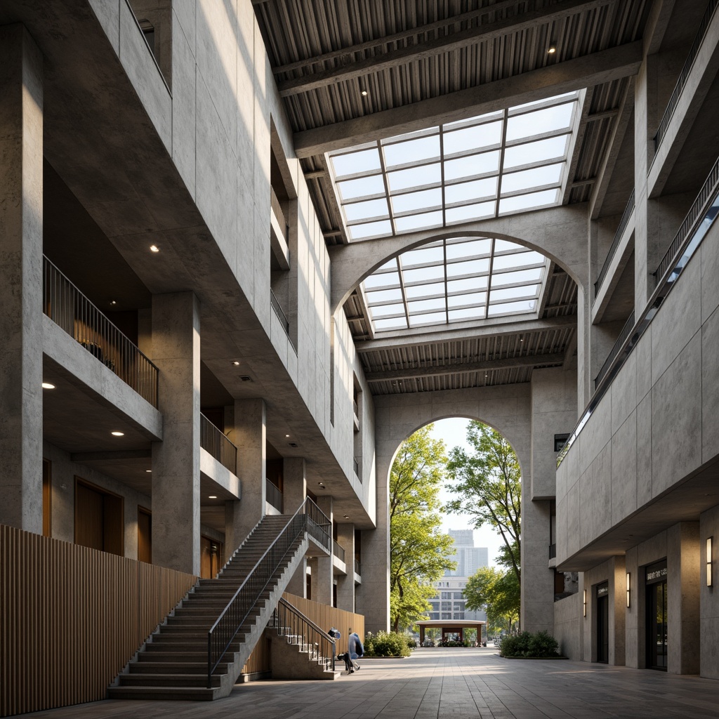 Prompt: Intricate concrete columns, sweeping arches, ornate metal beams, cantilevered roofs, grand staircases, minimalist railings, modern industrial materials, exposed ductwork, polished wooden floors, elegant ceiling details, natural light pouring through clerestory windows, dramatic shadows, low-angle lighting, 1/1 composition, realistic textures, ambient occlusion.