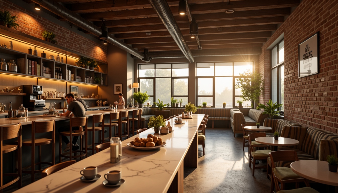 Prompt: Cozy coffee shop interior, warm earthy tones, rich brown wood accents, creamy white marble countertops, soft golden lighting, comfortable seating areas, plush velvet sofas, rustic brick walls, vintage industrial decor, aromatic coffee scents, steaming cups, morning sunlight, shallow depth of field, 1/2 composition, warm atmospheric mood, realistic textures, subtle noise.