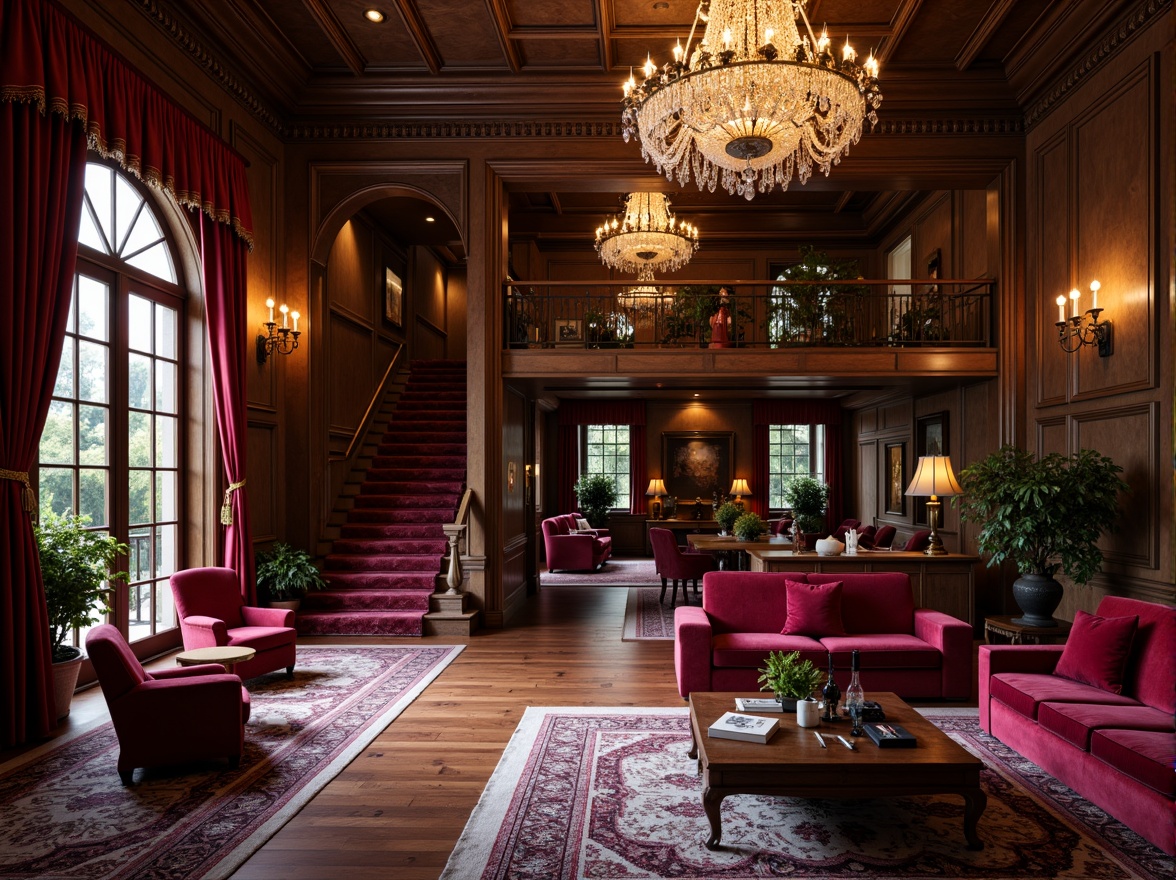 Prompt: Rich plum-colored accents, luxurious velvet textures, ornate wooden furnishings, lavish crystal chandeliers, opulent marble floors, grand staircases, majestic archways, dramatic high ceilings, warm golden lighting, cozy intimate spaces, eclectic vintage decor, whimsical patterned rugs, plush upholstered furniture, richly toned wood paneling, sophisticated modern architecture, sleek minimalist lines, bold geometric shapes, moody atmospheric mood, cinematic wide-angle shots, low-key dramatic lighting, 1/2 composition, soft focus blur.