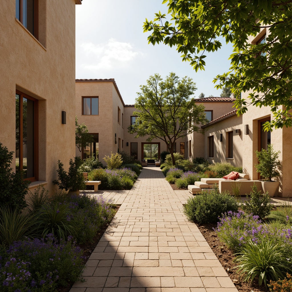 Prompt: Earthy villa, natural stone walls, warm beige stucco, rustic wooden accents, lush greenery, vibrant flowers, serene courtyard, soft warm lighting, shallow depth of field, 3/4 composition, panoramic view, realistic textures, ambient occlusion.