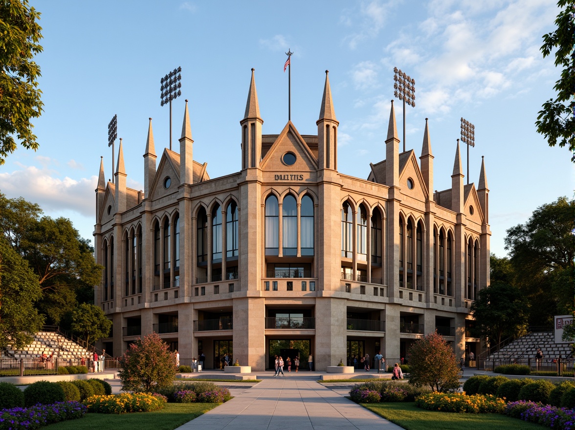 Prompt: Grandiose football stadium, Gothic Revival facade, pointed arches, ribbed vaults, flying buttresses, intricate stone carvings, stained glass windows, majestic entrance gates, ornate metalwork, dramatic verticality, soaring spires, grandstands with tiered seating, lush greenery, vibrant flowers, athletic track, modern sports facilities, state-of-the-art lighting systems, warm golden evening light, shallow depth of field, 1/2 composition, symmetrical axis, realistic textures, ambient occlusion.