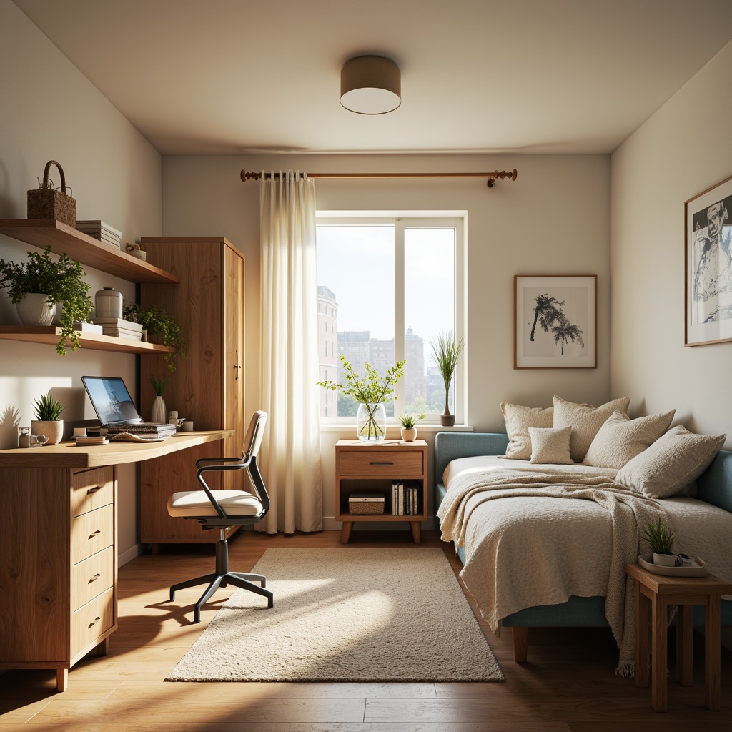 Prompt: Cozy dorm room, soft warm lighting, calming color scheme, creamy whites, soothing blues, earthy browns, natural wood tones, plush textiles, comfortable furniture, minimalist decor, soft pastel hues, gentle contrasts, serene ambiance, relaxing atmosphere, 1/2 composition, shallow depth of field, warm and inviting colors.