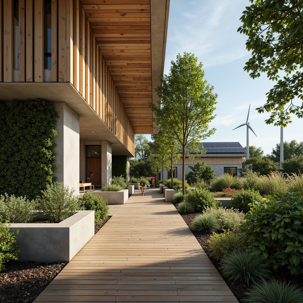 Prompt: Reclaimed wood accents, bamboo flooring, living walls, green roofs, solar panels, wind turbines, rainwater harvesting systems, low-carbon concrete, recycled metal structures, energy-efficient windows, natural ventilation systems, organic shapes, earthy color palette, serene atmosphere, soft natural lighting, 3/4 composition, realistic textures, ambient occlusion.