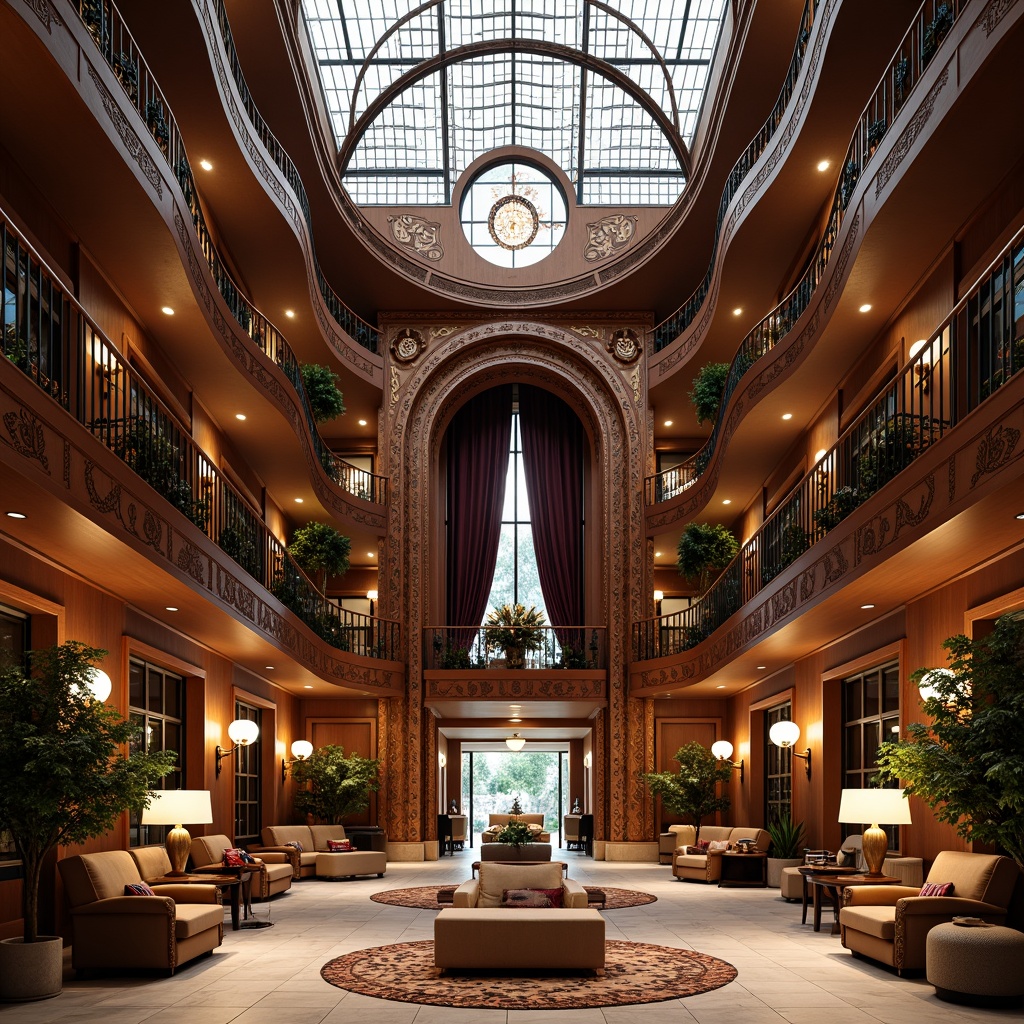 Prompt: Luxurious hotel lobby, intricately carved wooden paneling, ornate metalwork banisters, sweeping curved lines, organic forms, flowing floral patterns, stained glass ceiling, grand chandelier, rich velvet drapes, polished marble floors, elegant furnishings, soft warm lighting, shallow depth of field, 1/2 composition, realistic textures, ambient occlusion.