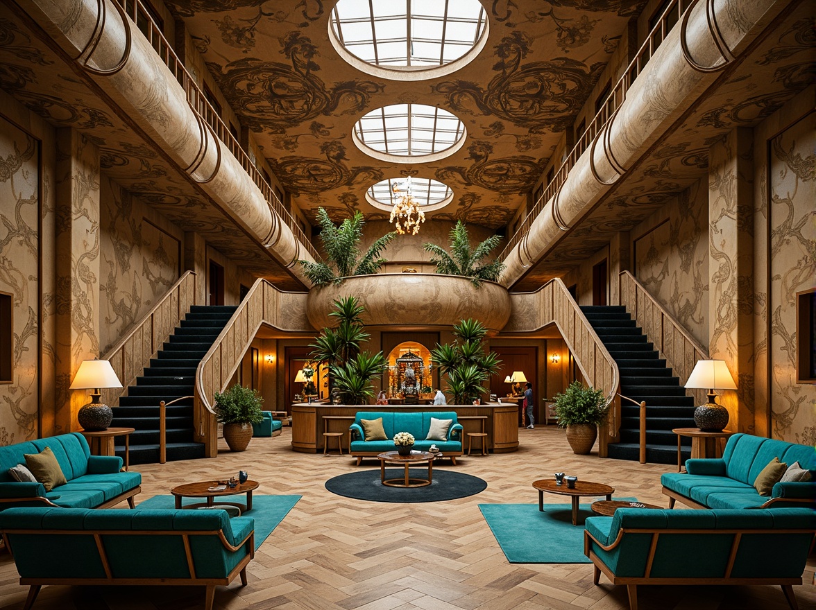 Prompt: Intricate Art Nouveau hotel lobby, ornate furnishings, sinuous lines, flowing curves, organic patterns, vibrant turquoise accents, rich gold leaf details, luxurious velvet fabrics, majestic staircases, grand chandeliers, soft warm lighting, shallow depth of field, 3/4 composition, panoramic view, realistic textures, ambient occlusion.