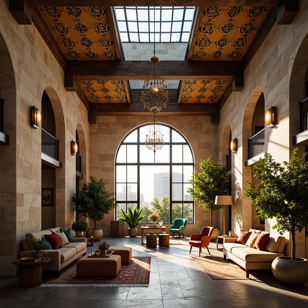 Prompt: Byzantine-inspired loft interior, grand high ceilings, ornate golden accents, rich velvet fabrics, majestic archways, natural light pouring in through large clerestory windows, soft warm glow, gentle shadows, industrial chic concrete floors, reclaimed wood beams, rustic metal lanterns, plush area rugs, cozy reading nooks, vibrant turquoise accents, intricate mosaics, warm beige stone walls, ambient lighting, shallow depth of field, 1/2 composition, realistic textures, atmospheric rendering.