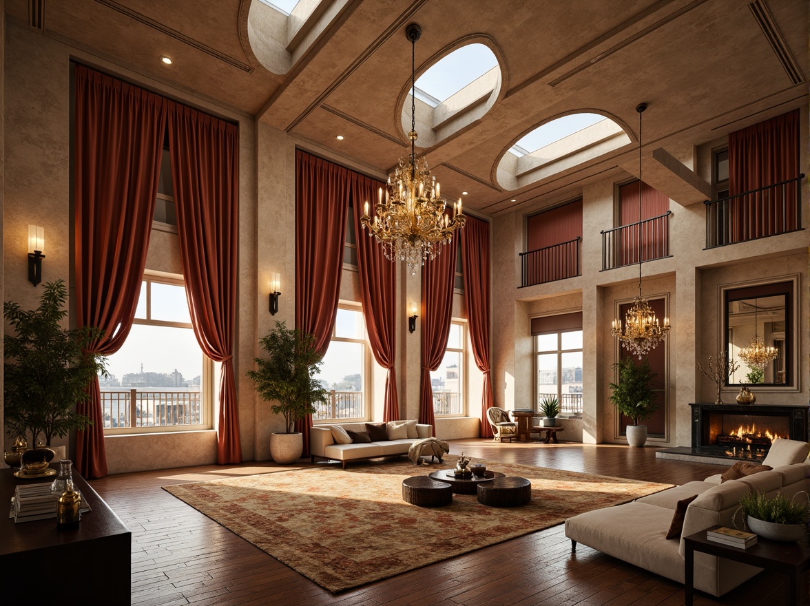 Prompt: \Byzantine-inspired loft interior, high ceilings, ornate arches, grand chandeliers, rich velvet drapes, warm beige stone walls, polished wooden floors, luxurious furnishings, abundant natural light, clerestory windows, skylights, soft warm glow, subtle shadows, atmospheric ambiance, dramatic vertical space, 1/1 composition, shallow depth of field, realistic textures, ambient occlusion.\Let me know if this meets your expectations!