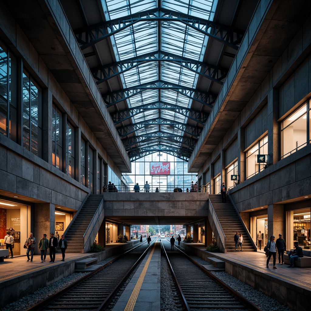 Prompt: Rugged train station, brutalist architecture, exposed concrete, industrial metal beams, angular lines, geometric shapes, cantilevered roofs, dramatic lighting, urban cityscape, busy streets, modern transportation hub, vibrant LED signage, dynamic digital displays, intricate staircases, grand atriums, raw material textures, high-contrast shadows, cinematic composition, low-angle shots, gritty atmospheric mood, bold color accents.