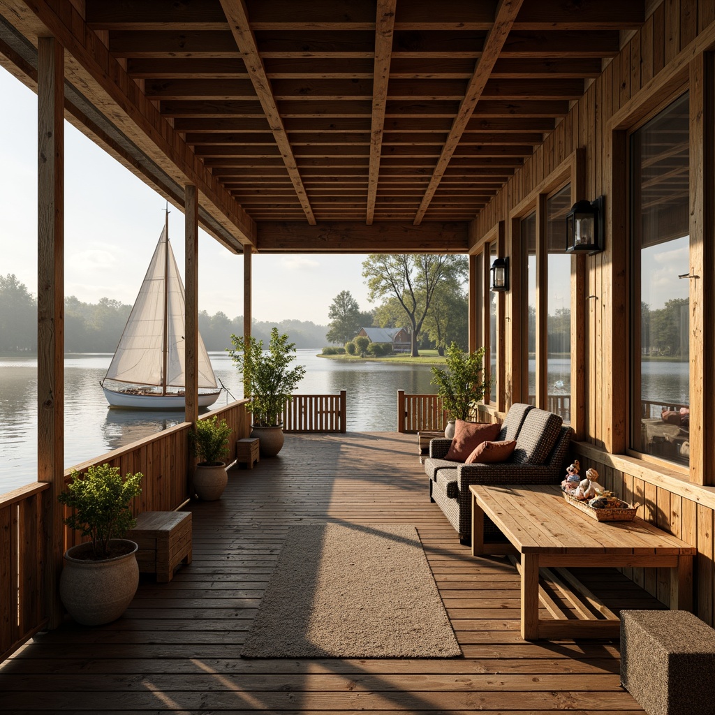 Prompt: Cozy boathouse, wooden dock, serene lakefront, warm natural lighting, large windows, sliding glass doors, rustic wooden accents, nautical decorative elements, vintage boat models, fishing nets, aquatic plants, water reflections, soft warm colors, shallow depth of field, 1/2 composition, realistic textures, ambient occlusion, morning mist, gentle ripples, calm atmosphere.