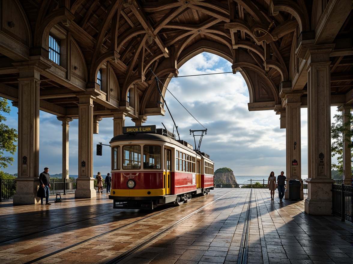 Prompt: Majestic tram station, Gothic arches, pointed towers, ribbed vaults, flying buttresses, grandiose entrance halls, ornate stone carvings, stained glass windows, ocean-inspired motifs, sea breeze, coastal scenery, sandy dunes, rocky shores, crashing waves, salty air, nautical themes, distressed wood textures, weathered metal accents, dramatic lighting, misty atmosphere, 1/2 composition, low-angle shot, cinematic perspective.