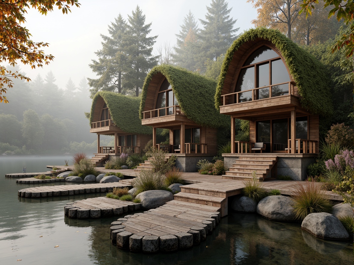 Prompt: Whimsical boathouse, undulating wooden docks, natural stone foundations, rustic metal accents, earthy color palette, moss-covered roofs, curved lines, organic shapes, waterfront location, serene lake views, surrounding foliage, misty morning atmosphere, soft warm lighting, shallow depth of field, 1/1 composition, realistic textures, ambient occlusion.