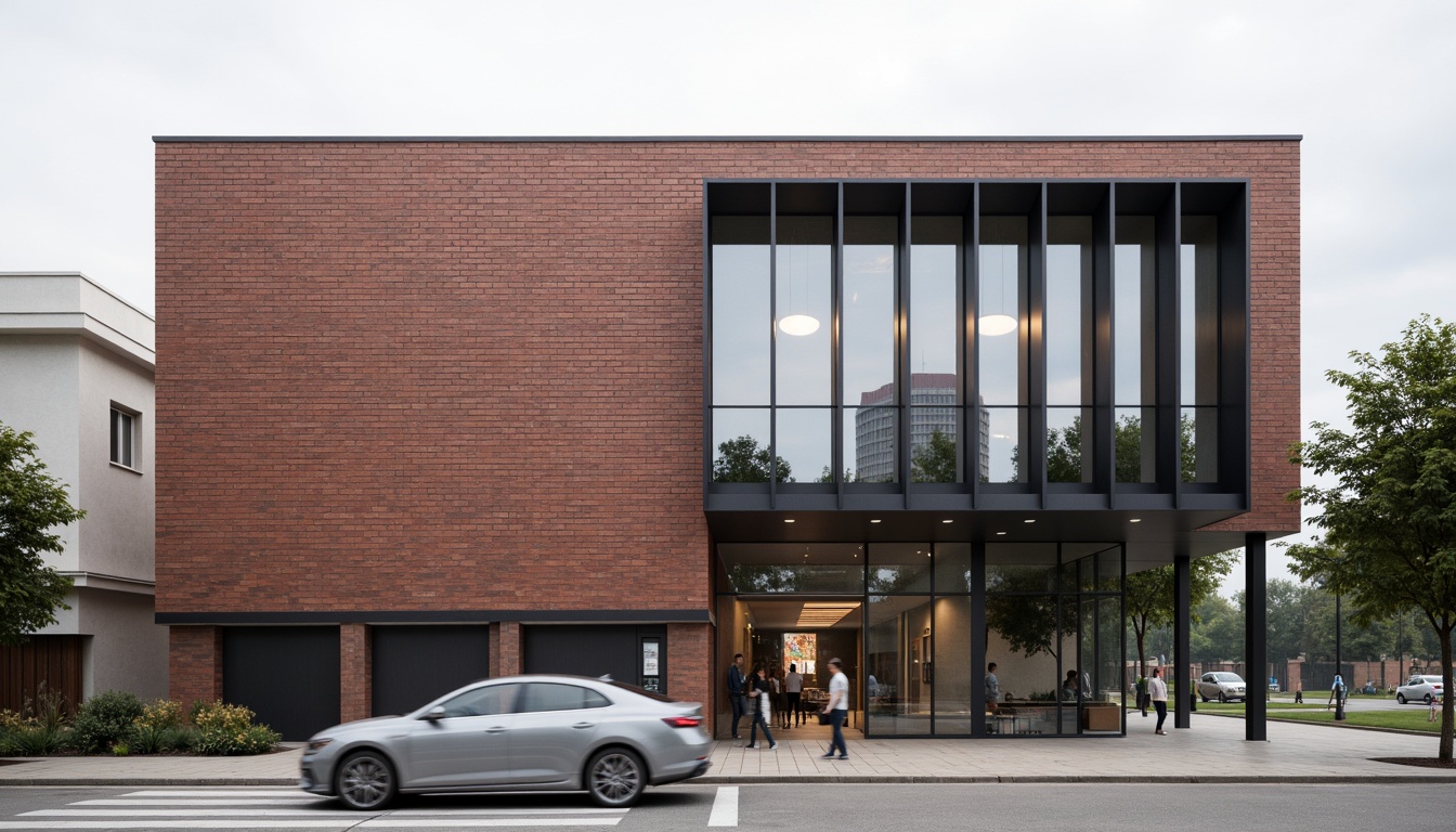 Prompt: Rugged Bauhaus gymnasium facade, rectangular brick cladding, industrial metal frames, large glass windows, minimalist design, functional simplicity, raw concrete textures, bold color accents, geometric shapes, urban landscape, modernist architecture, overcast sky, soft diffused lighting, shallow depth of field, 2/3 composition, realistic materials, ambient occlusion.