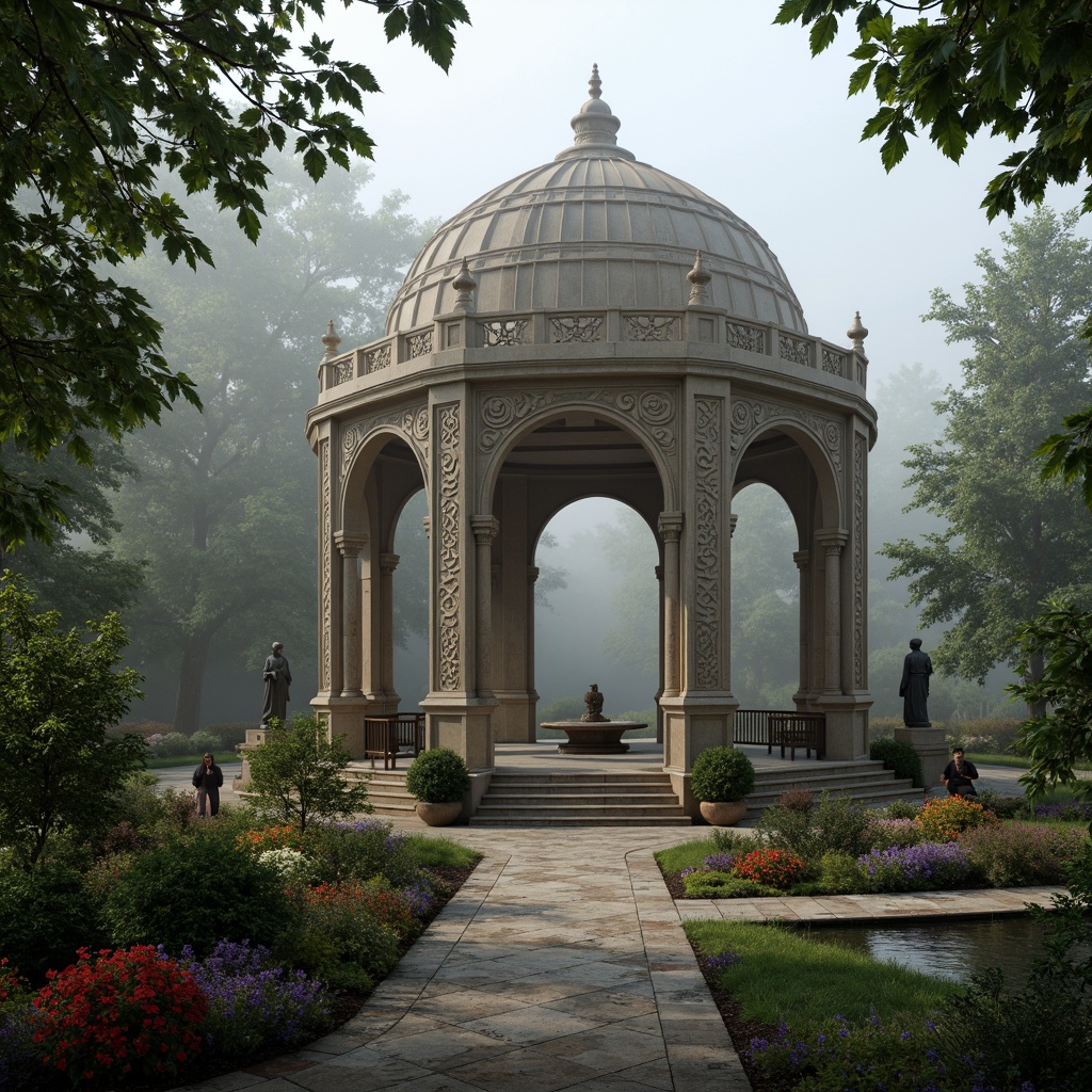 Prompt: Majestic pavilion, intricate gothic arches, ornate stone carvings, lush greenery, vibrant flowers, tranquil water features, natural stone walkways, winding paths, mystical foggy atmosphere, warm soft lighting, dramatic shadows, 1/2 composition, symmetrical balance, rustic wooden benches, mysterious ancient artifacts, moss-covered statues, eerie misty dawn, ambient occlusion, realistic textures.