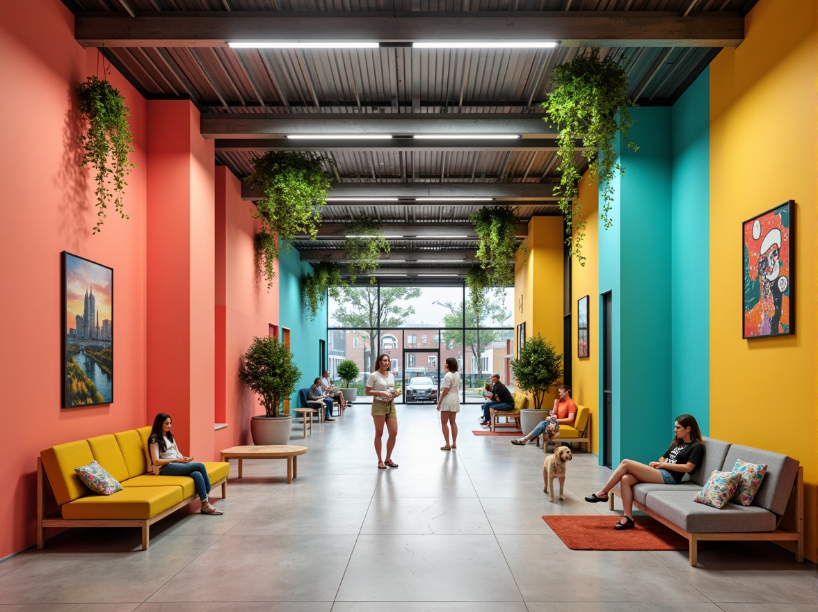 Prompt: Vibrant student halls, bold color scheme, bright coral walls, turquoise accents, yellow furniture, greenery installations, modern minimalist decor, sleek metal beams, polished concrete floors, urban industrial vibe, natural light pouring in, airy open spaces, cozy nooks, eclectic artwork, abstract patterns, playful textures, youthful energy, lively atmosphere, 1/1 composition, soft warm lighting, shallow depth of field, realistic render.