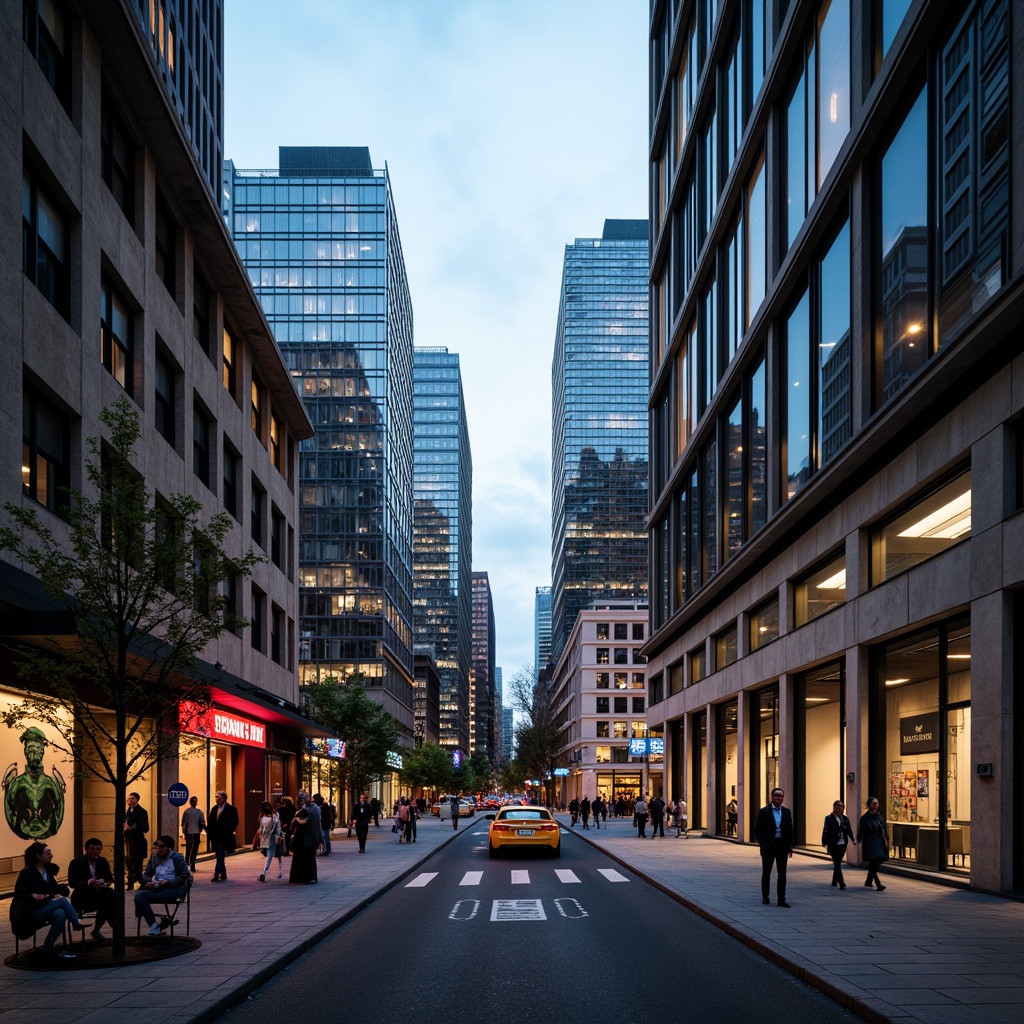 Prompt: Urban cityscape, modern skyscrapers, sleek glass facades, metallic structures, vibrant neon lights, bustling streets, pedestrian pathways, urban furniture, street art murals, dynamic lighting, shallow depth of field, 3/4 composition, cinematic atmosphere, realistic textures, ambient occlusion.