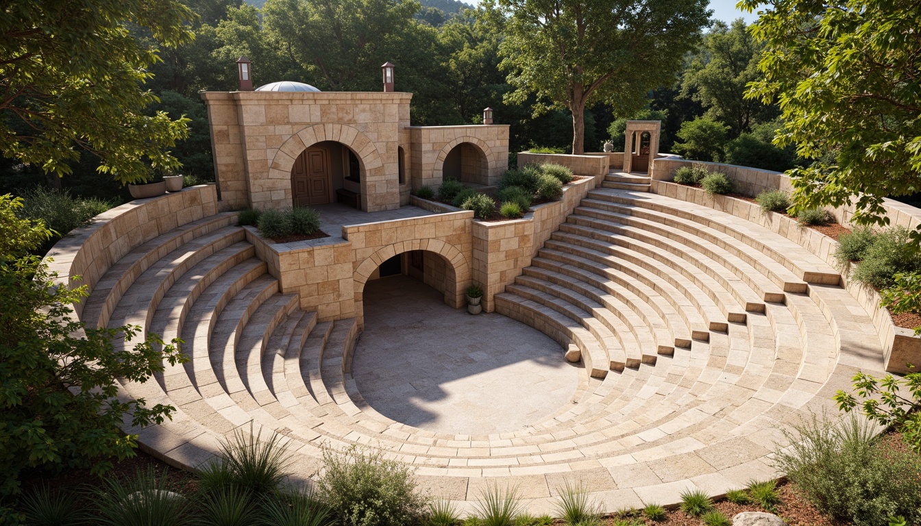 Prompt: Natural stone amphitheater, tiered seating, lush greenery surroundings, sound-reflecting architecture, curved lines, symmetrical design, warm beige colors, rustic textures, optimal acoustic resonance, clear sound projection, minimal echo, audience-centric orientation, gentle slope, comfortable seating, shaded areas, Mediterranean-inspired landscaping, bright sunny day, soft natural lighting, 1/2 composition, realistic renderings, ambient occlusion.