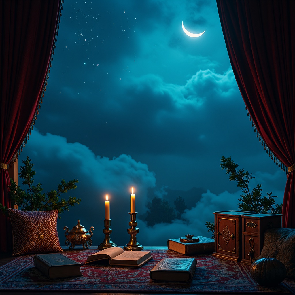 Prompt: Mysterious indigo night sky, twinkling stars, crescent moon, celestial bodies, atmospheric fog, mystical mist, luxurious velvet fabrics, ornate bronze details, antique wooden furniture, vintage leather-bound books, rich turquoise accents, lapis lazuli gemstones, ancient mystical symbols, intricate Arabic calligraphy, dim warm candlelight, soft focus, shallow depth of field, cinematic composition.