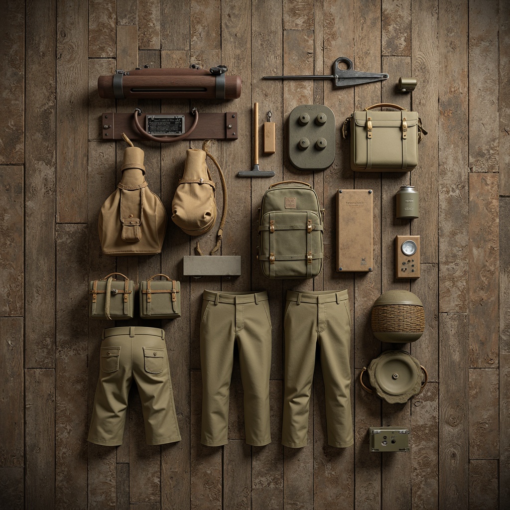 Prompt: Rough khaki surfaces, textured fabric patterns, natural earthy tones, rough stone walls, distressed wood planks, vintage military uniforms, rugged outdoor equipment, worn leather straps, aged metal accents, subtle gradient maps, high-frequency details, ambient occlusion, soft warm lighting, shallow depth of field, 1/1 composition, realistic normal maps, detailed specular highlights.