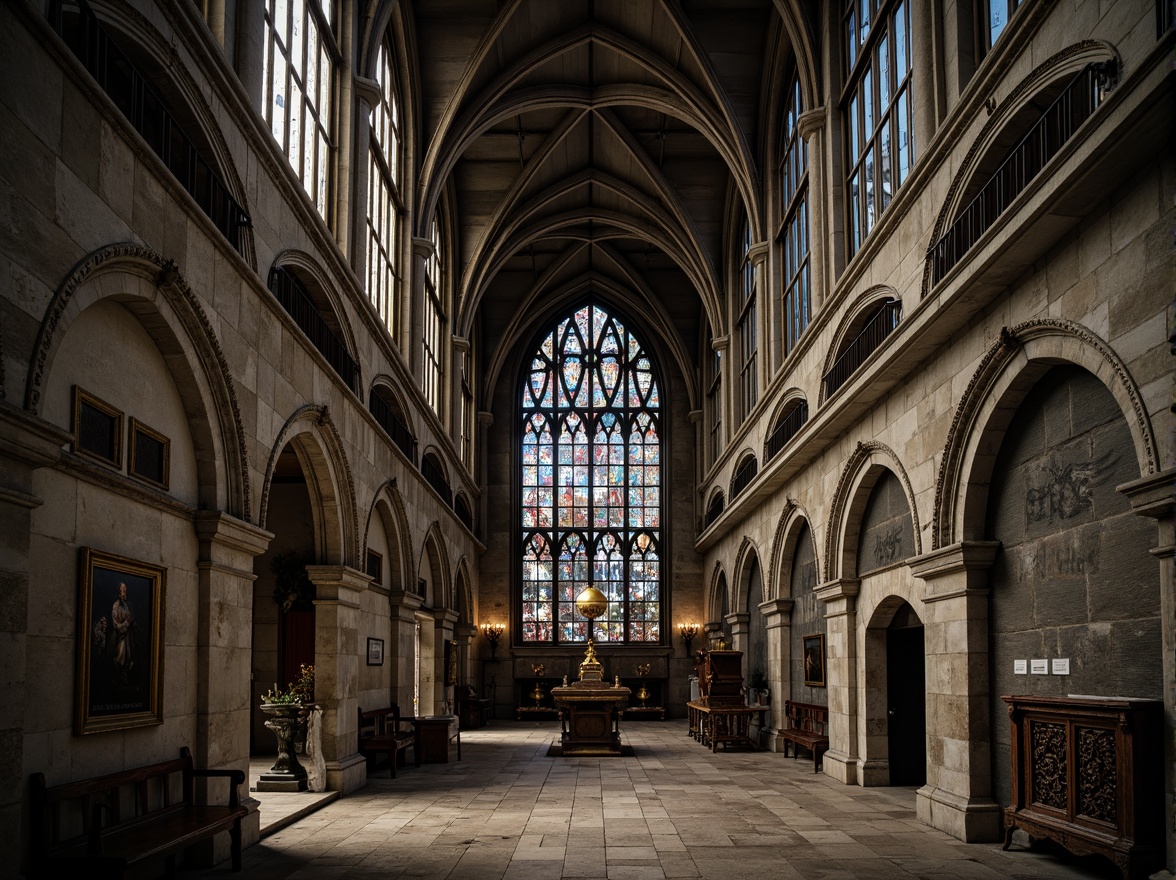 Prompt: Gothic cathedral, intricate stone carvings, ribbed vaults, pointed arches, stained glass windows, ornate metalwork, oxidized aluminum surfaces, weathered patina, rough-hewn stones, mysterious ambiance, soft diffused lighting, dramatic shadows, 3/4 composition, atmospheric perspective, richly detailed textures.