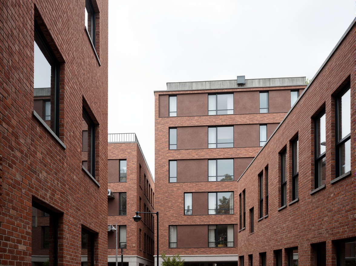 Prompt: Exposed brick facades, clean lines, minimalist windows, flat roofs, brutalist architecture, industrial materials, urban context, modernist influences, geometric shapes, modular design, functional simplicity, raw concrete textures, bold color accents, abstract compositions, shallow depth of field, 1/1 composition, high contrast lighting, dramatic shadows.