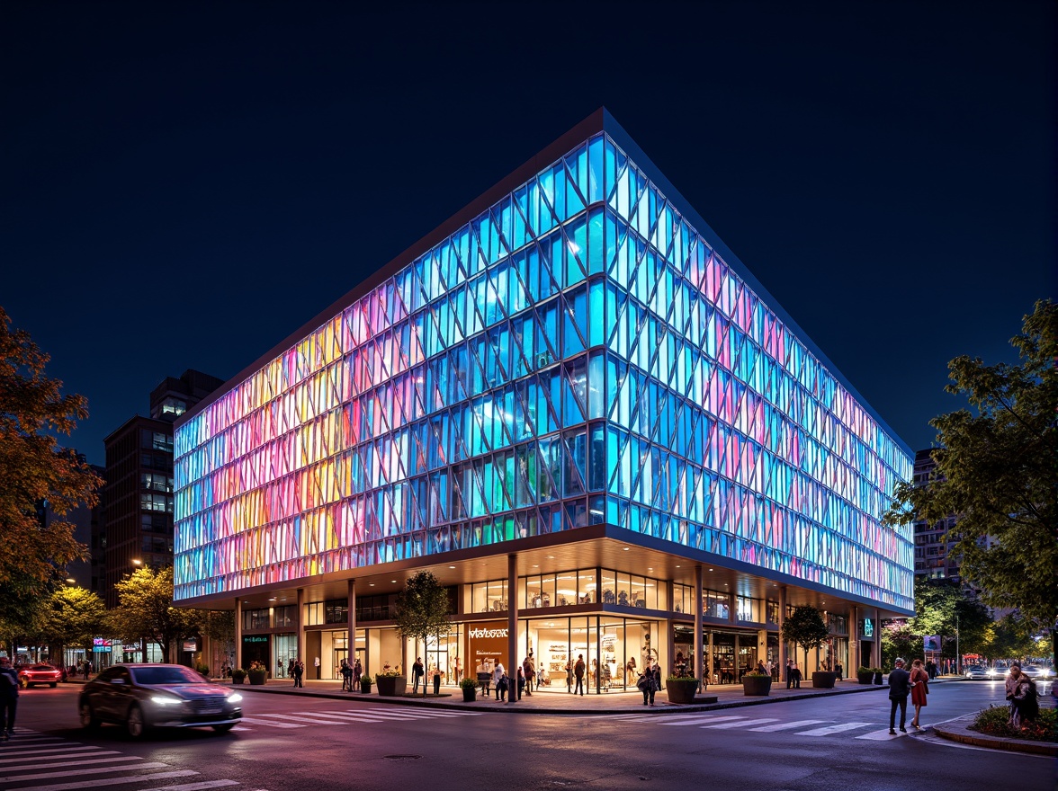 Prompt: Vibrant colored glass facade, geometric patterned metal cladding, LED light installation, modern angular architecture, bold sculptural elements, cantilevered rooflines, dynamic diagonal lines, futuristic aesthetics, urban cityscape, bustling street life, nighttime illumination, high-contrast lighting, shallow depth of field, 2/3 composition, realistic materials, ambient occlusion.