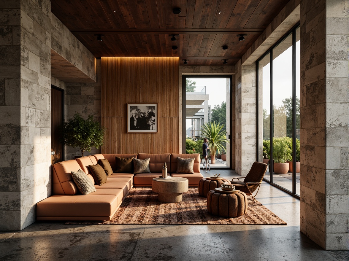 Prompt: Rough stone walls, weathered wooden planks, smooth metallic surfaces, glossy glass accents, velvety soft upholstery, intricate woven patterns, natural fiber rugs, earthy terracotta pots, distressed leather textures, industrial concrete floors, modern minimalist decor, warm ambient lighting, shallow depth of field, 1/1 composition, realistic material rendering, detailed normal mapping.