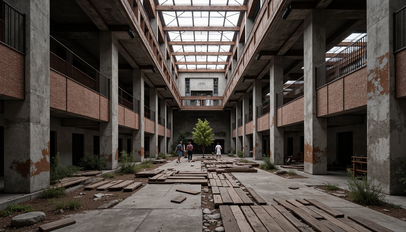 Prompt: Industrial warehouse, deconstructed facade, exposed brick walls, rusted metal beams, weathered wooden planks, fragmented concrete columns, abstract geometric patterns, brutalist architecture, functional minimalism, urban decay, abandoned industrial site, overcast skies, soft diffused lighting, high contrast shadows, 1/2 composition, asymmetrical framing, gritty textures, ambient occlusion.