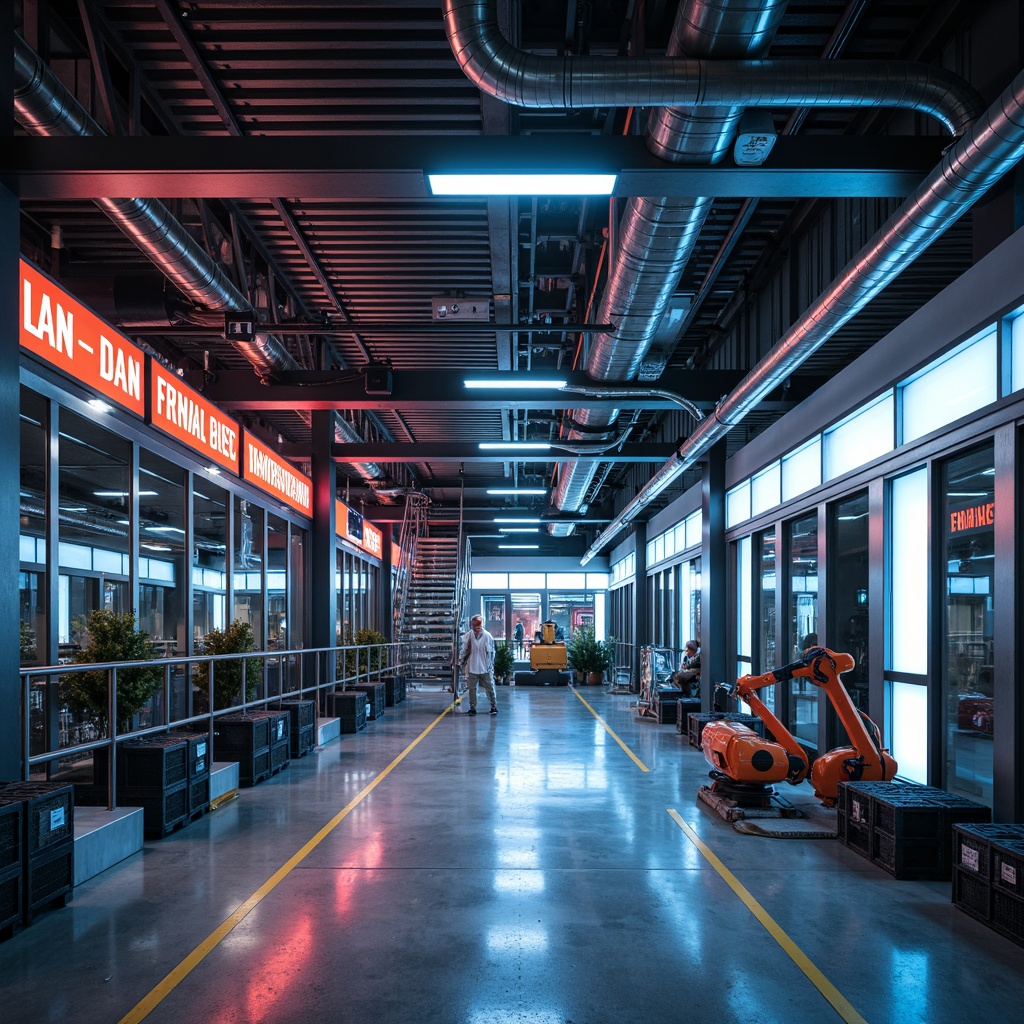 Prompt: Industrial factory interior, fusion of modern materials, exposed ductwork, metallic beams, polished concrete floors, reflective glass surfaces, sleek metal railings, neon signage, vibrant color accents, ambient LED lighting, 3/4 composition, shallow depth of field, realistic textures, futuristic architecture design, advanced manufacturing equipment, robotic arms, assembly lines, storage crates, commercial functionality, high ceilings, open space planning, minimal ornamentation.