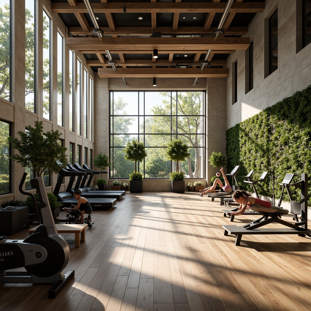 Prompt: Modern fitness club, high ceilings, large windows, natural stone walls, wooden floors, mirrored rooms, professional gym equipment, free weights, treadmills, exercise bikes, yoga mats, greenery, living walls, vertical gardens, abundant natural light, soft warm ambiance, indirect lighting, 1/1 composition, shallow depth of field, realistic textures, ambient occlusion.