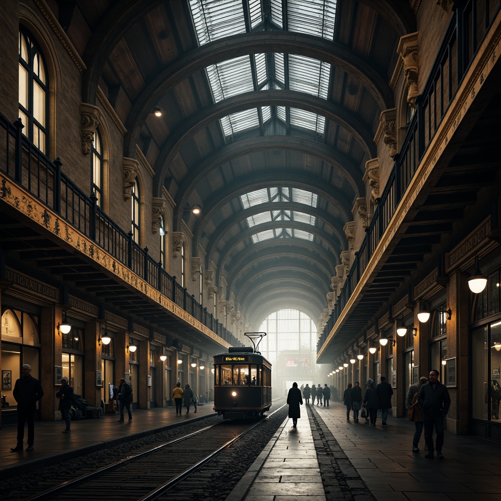 Prompt: Grandiose tram station, Gothic arches, ribbed vaults, intricate stone carvings, stained glass windows, dramatic lighting effects, imposing columns, ornate metalwork, majestic clock towers, vintage railway signs, atmospheric misting, dimly lit ambiance, mysterious shadows, 1/2 composition, low-angle shot, cinematic mood, detailed textures, subtle ambient occlusion.