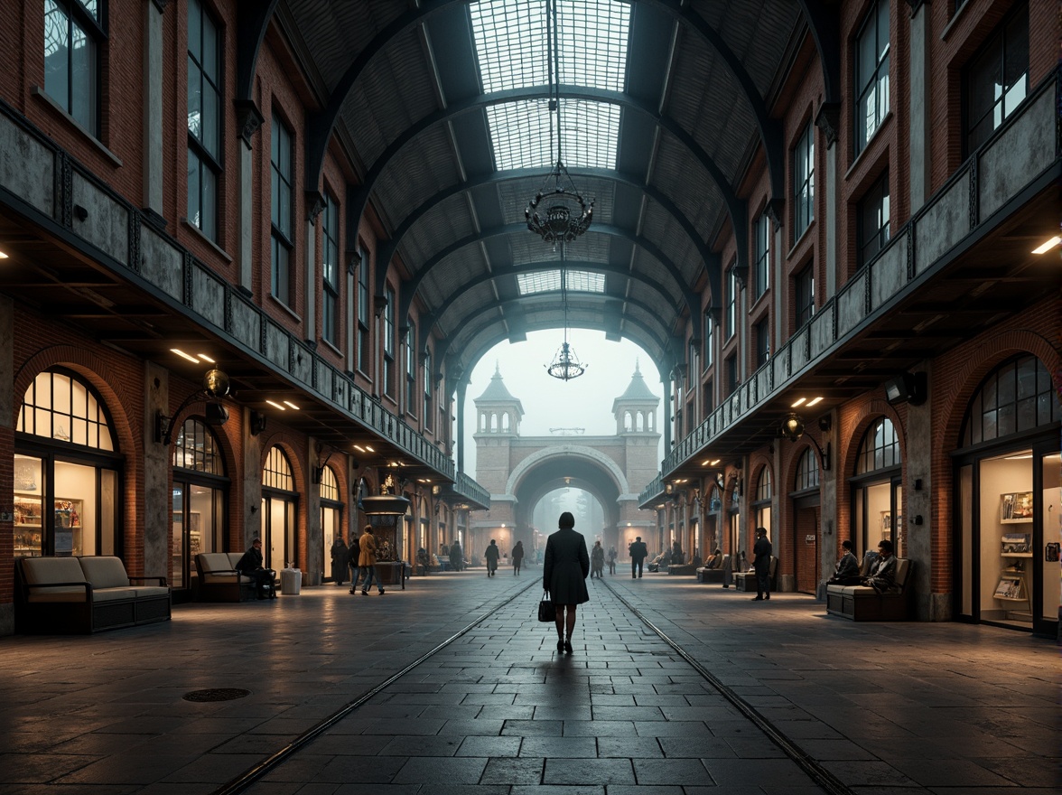 Prompt: Grandiose tram station, ornate archways, Gothic Revival architecture, intricately carved stone walls, ribbed vaulted ceilings, stunning stained glass windows, majestic iron chandeliers, weathered copper roofs, mystical foggy atmosphere, dramatic spotlighting, cinematic composition, symmetrical framing, rich textures, ambient Occlusion, detailed brickwork, ornamental clock towers.