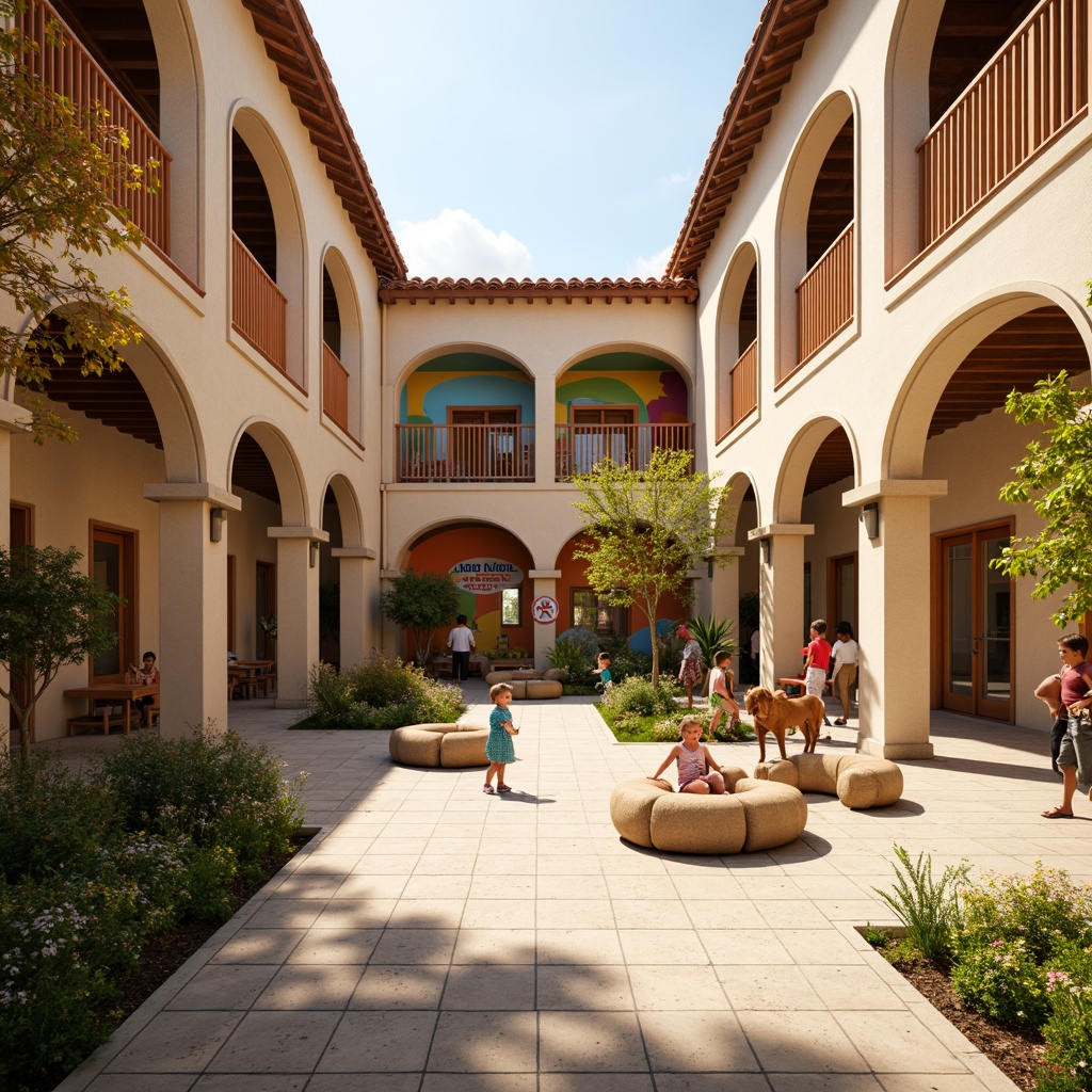 Prompt: Vibrant kindergarten courtyard, rounded arches, Romanesque columns, warm beige stonework, bright colorful murals, playful educational signage, interactive play equipment, soft cushioned seating areas, natural wood accents, rustic clay roof tiles, lush greenery, blooming flowers, sunny day, warm golden lighting, shallow depth of field, 3/4 composition, panoramic view, realistic textures, ambient occlusion.