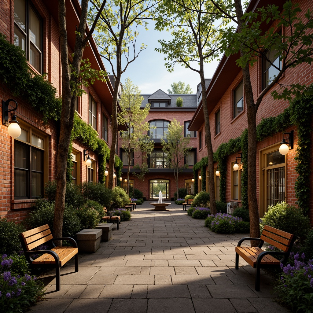 Prompt: Warm brick buildings, lush greenery, vintage lanterns, wooden benches, rustic stone pathways, ivy-covered walls, cozy reading nooks, ornate iron gates, elegant fountains, blooming cherry blossoms, soft warm lighting, shallow depth of field, 3/4 composition, panoramic view, realistic textures, ambient occlusion.